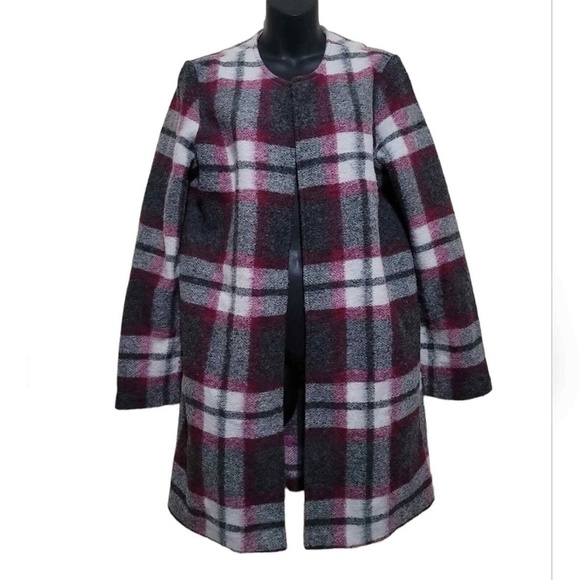 Max Studio Jackets & Blazers - Max Studio Gray Fuchsia White Wool Blend Plaid Blanket Coat with Pockets L